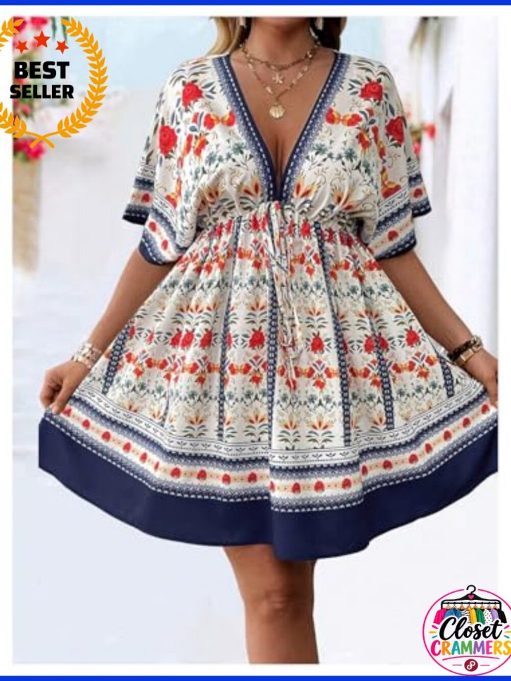 Plus Size V Neck Short Sleeve Ruffle Hem A Line Short Dress Casual Summer - Picture 4 of 5